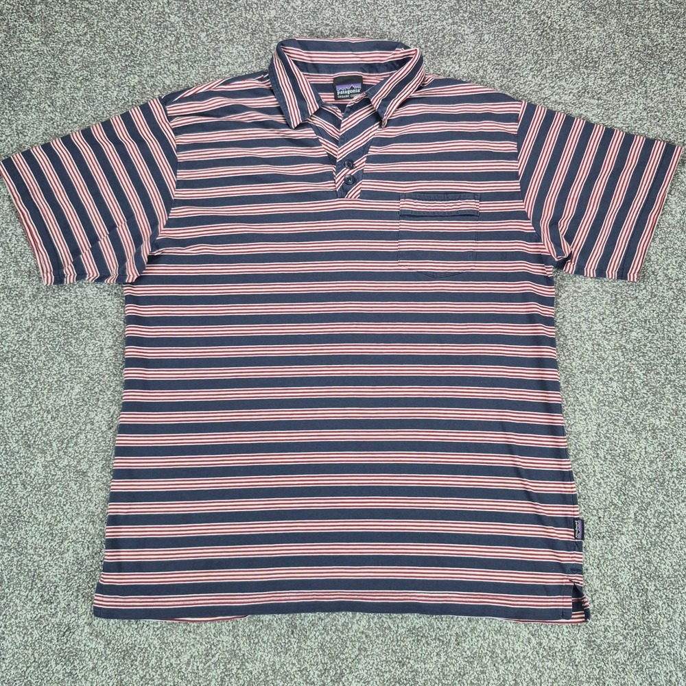 Patagonia Polo Shirt Mens Large Navy Blue Red Striped Organic Cotton